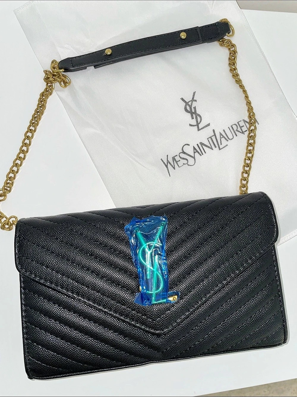 Black embossed monogram gold chain shoulder purse handbag